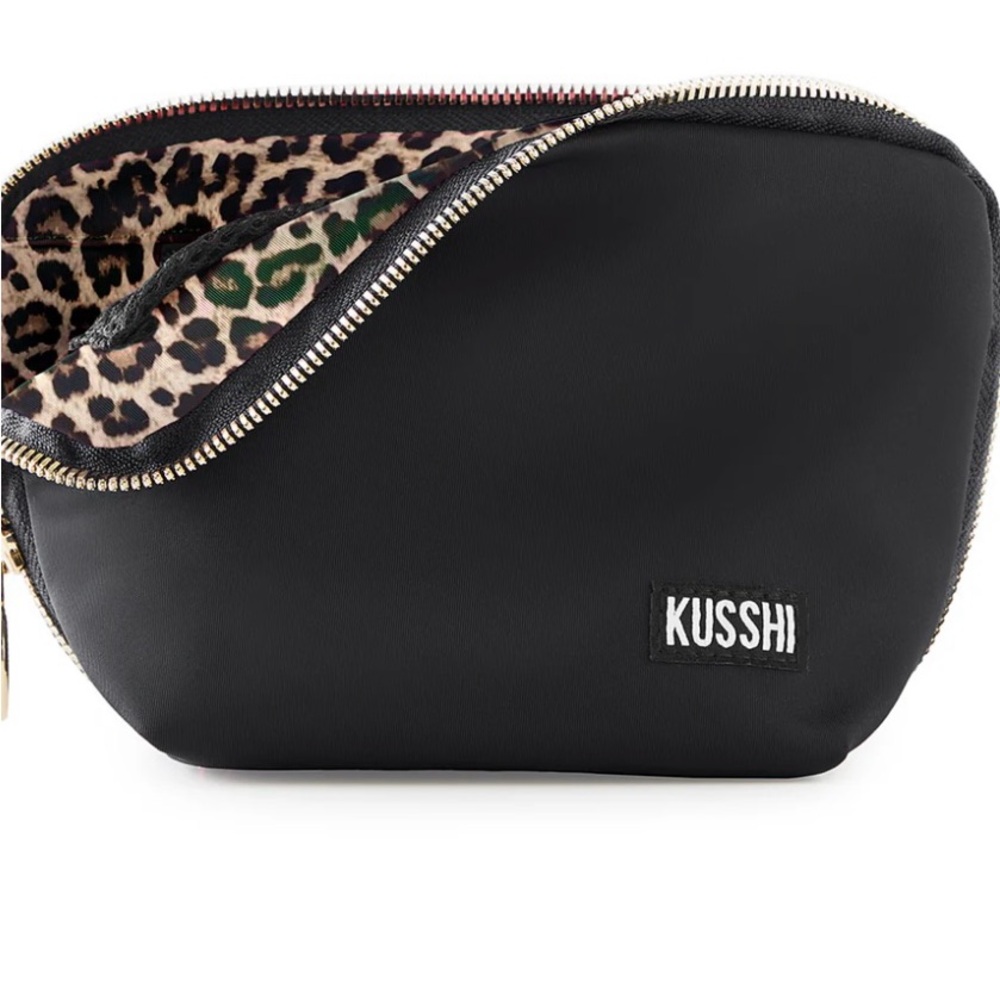 KUSSHI Black with leopard lining  standard Makeup Bag 6” x11 1/2”